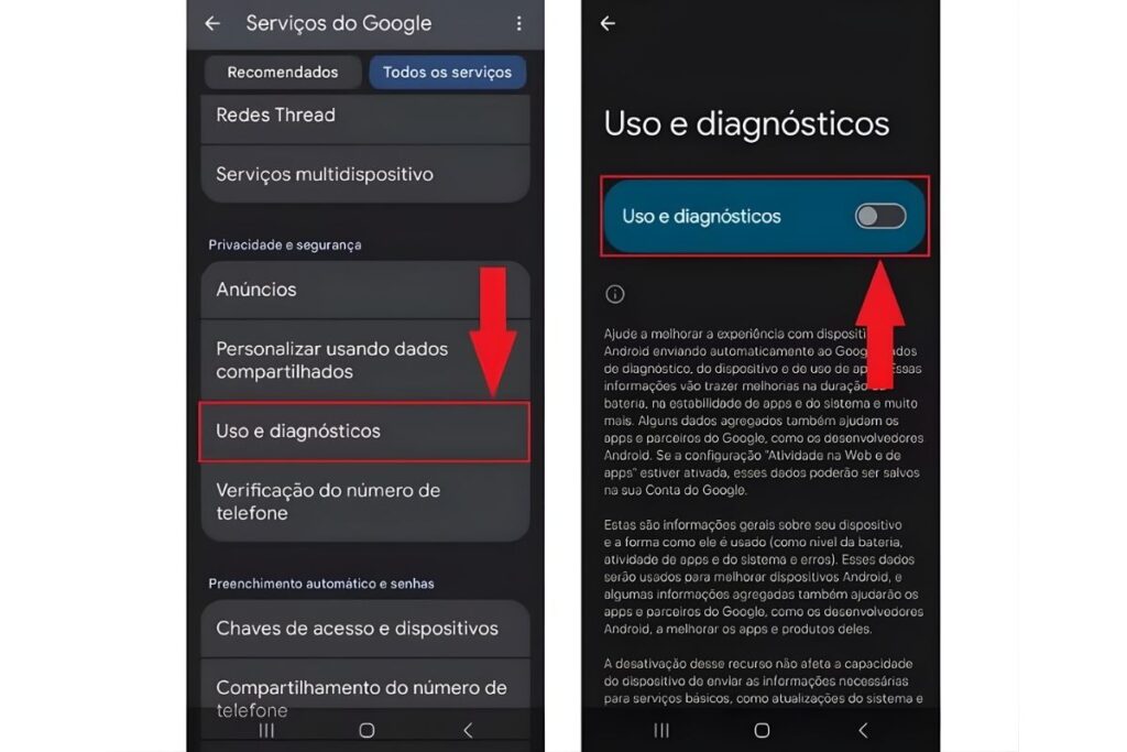 Desativar uso e diagnóstico android