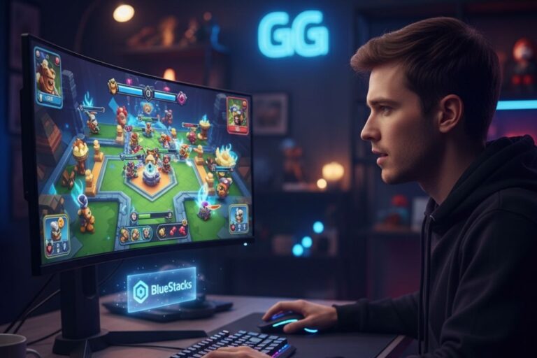 Rapaz jogando game mobile no computador através do emulador BlueStacks