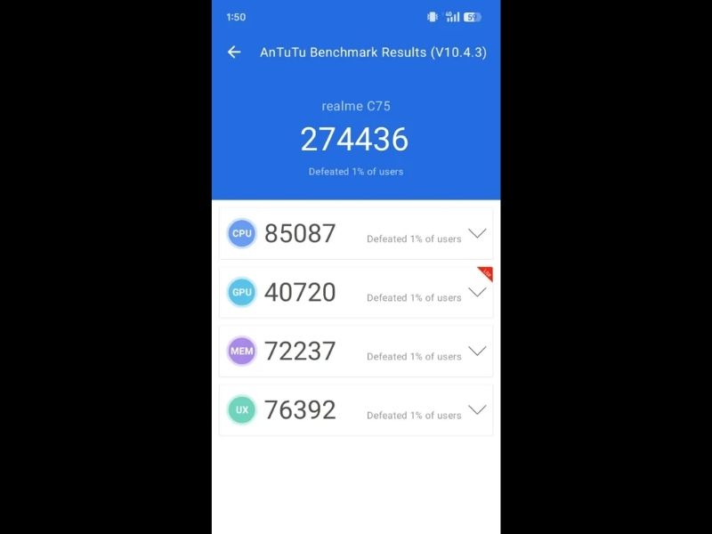 Pontuação do Antutu benchmark do Realme c75