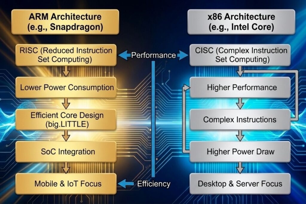 Diferença entre arquitetura ARM Snapdragon e x86 Intel