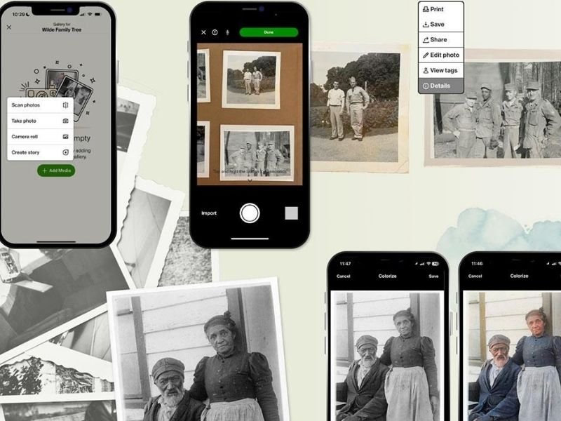 Interface do aplicativo Ancestry para restauração de fotos