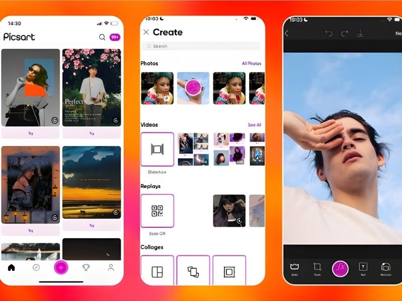 Interface do aplicativo Picsart para edição de fotos